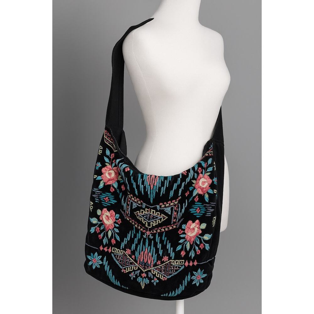 Johnny Was JWLA Black La Aveza‎ Velvet Tote Bag Purse Boho Embroidered Colorful